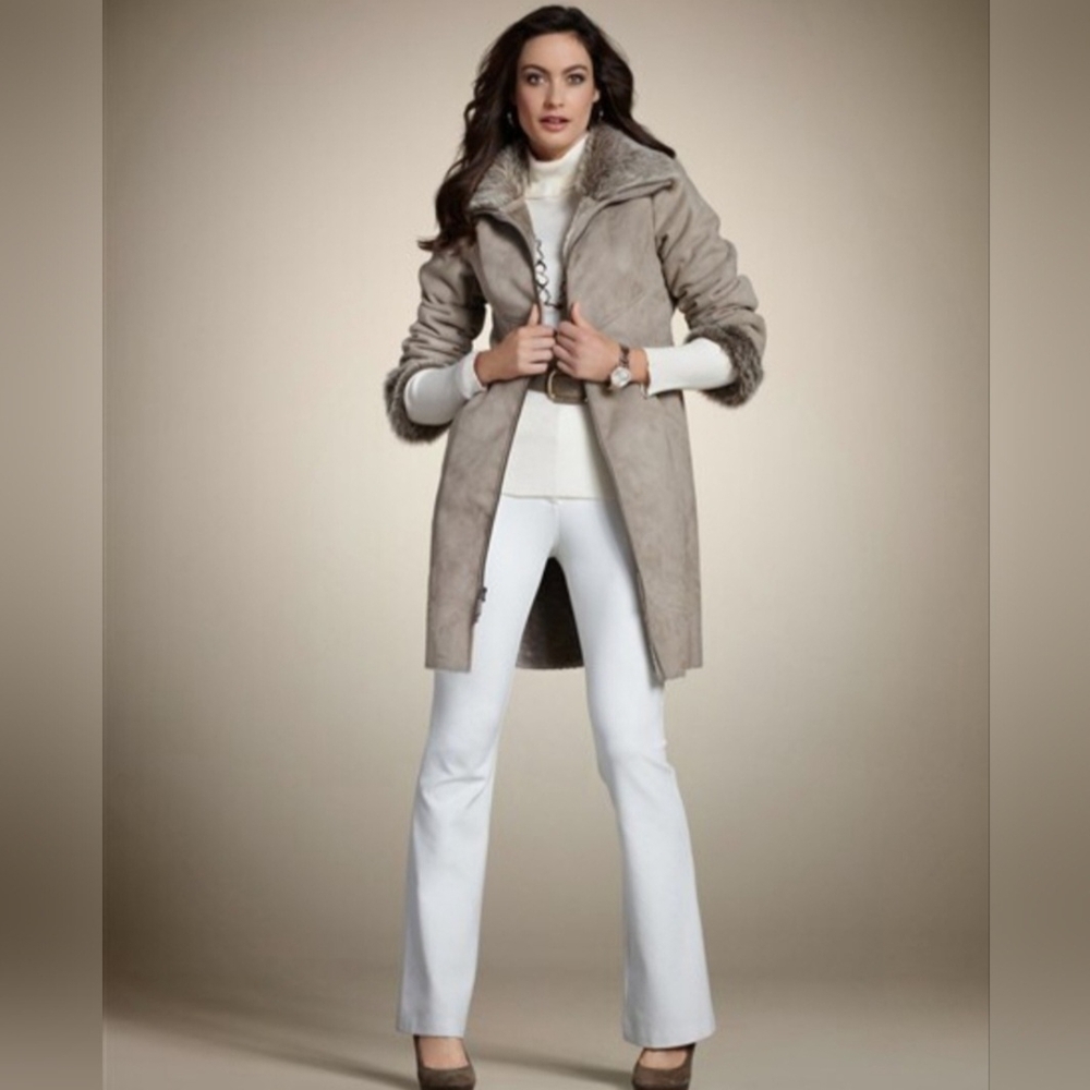 Chico's Elegant Beige Faux Fur & Suede Womens Coat SIZE 2 - Picture 7 of 8
